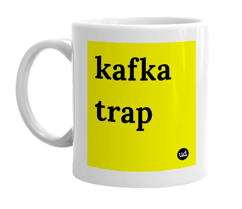White mug with 'kafka trap' in bold black letters