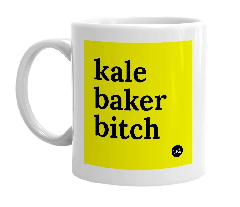 White mug with 'kale baker bitch' in bold black letters