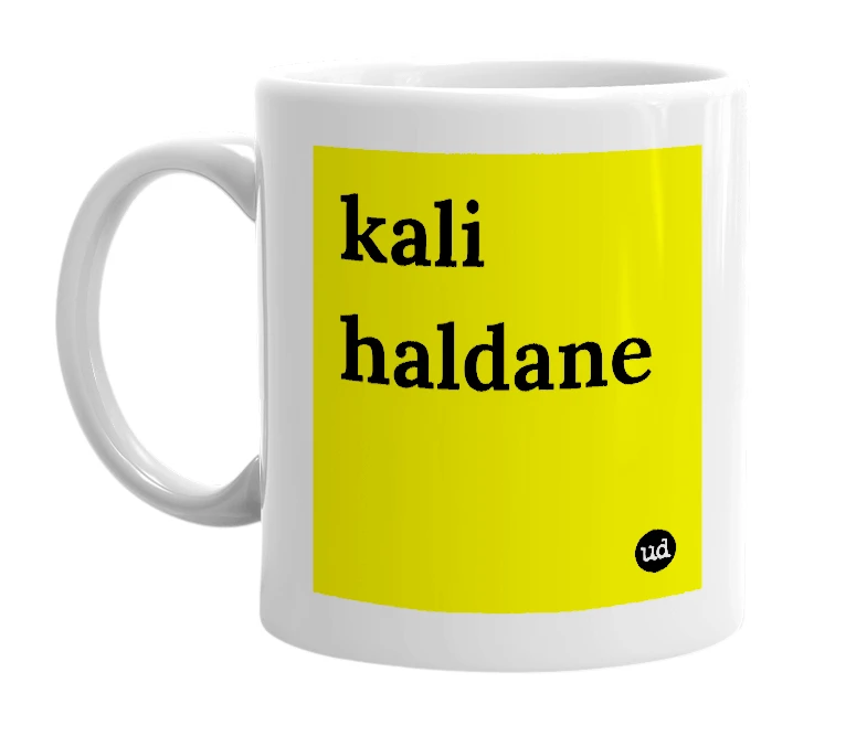 White mug with 'kali haldane' in bold black letters