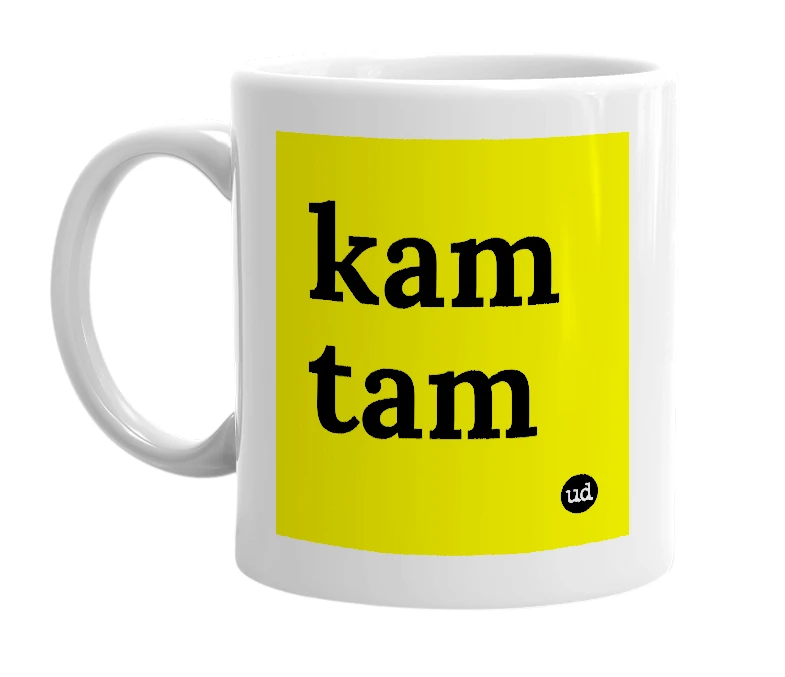 White mug with 'kam tam' in bold black letters