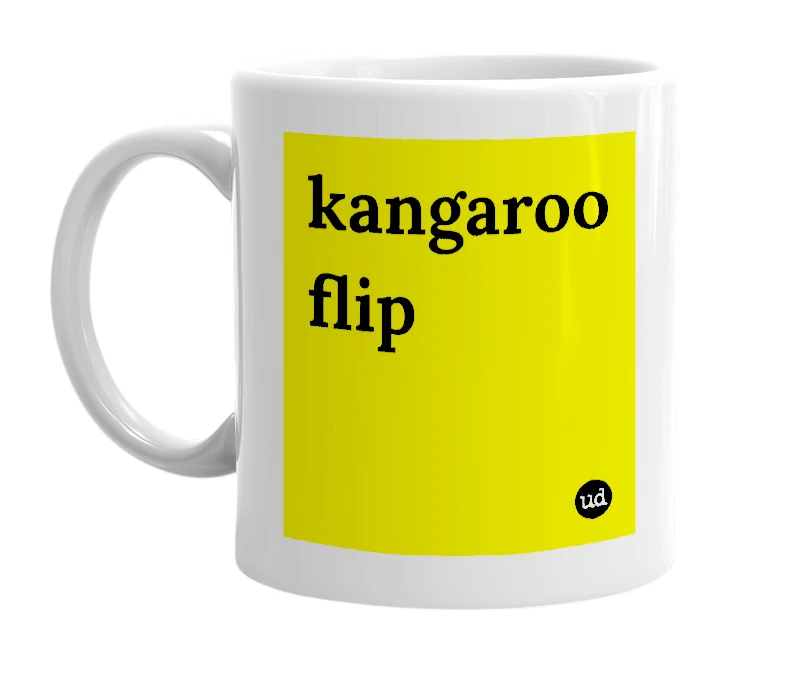 White mug with 'kangaroo flip' in bold black letters