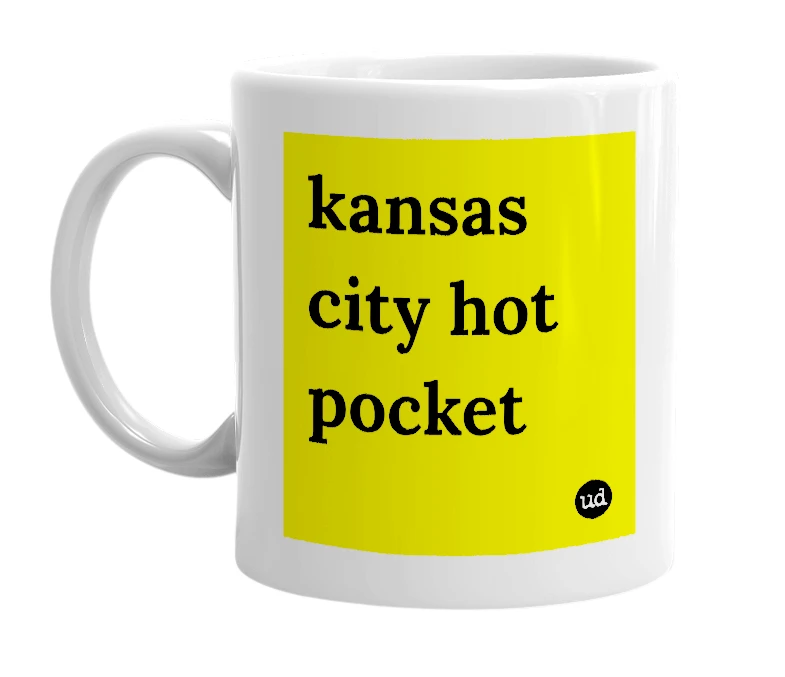 White mug with 'kansas city hot pocket' in bold black letters
