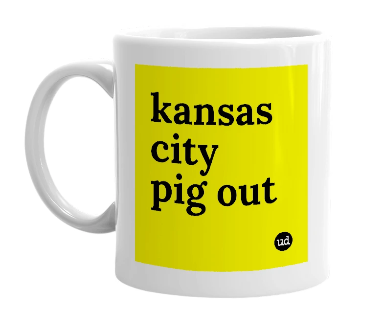 White mug with 'kansas city pig out' in bold black letters