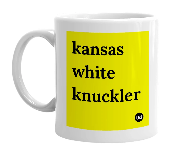 White mug with 'kansas white knuckler' in bold black letters