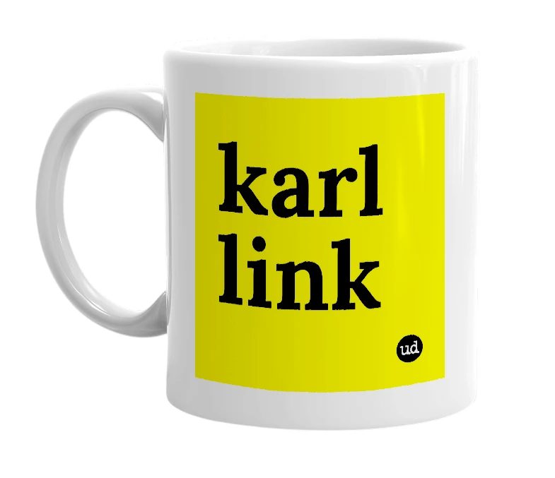 White mug with 'karl link' in bold black letters