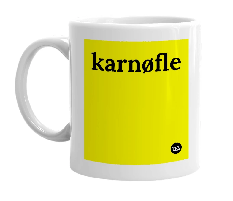 White mug with 'karnøfle' in bold black letters