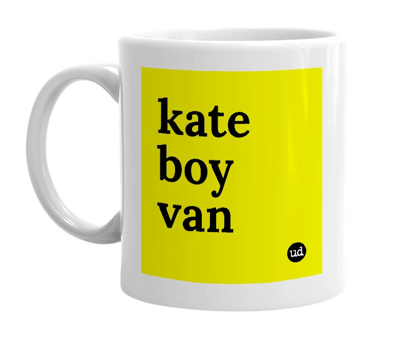 White mug with 'kate boy van' in bold black letters