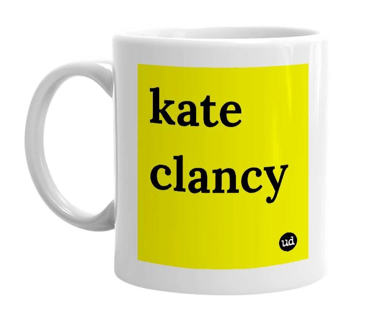 White mug with 'kate clancy' in bold black letters