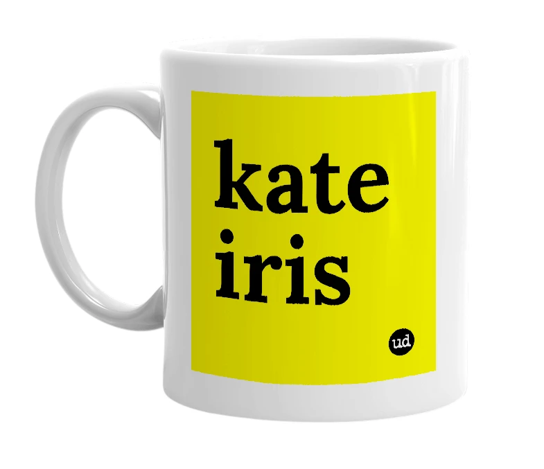 White mug with 'kate iris' in bold black letters