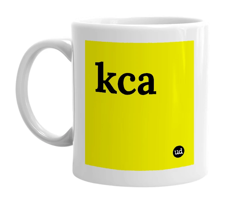 White mug with 'kca' in bold black letters