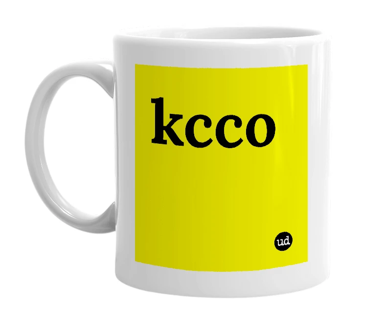 White mug with 'kcco' in bold black letters