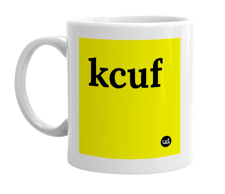 White mug with 'kcuf' in bold black letters