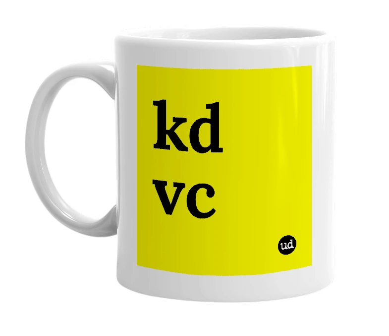 White mug with 'kd vc' in bold black letters