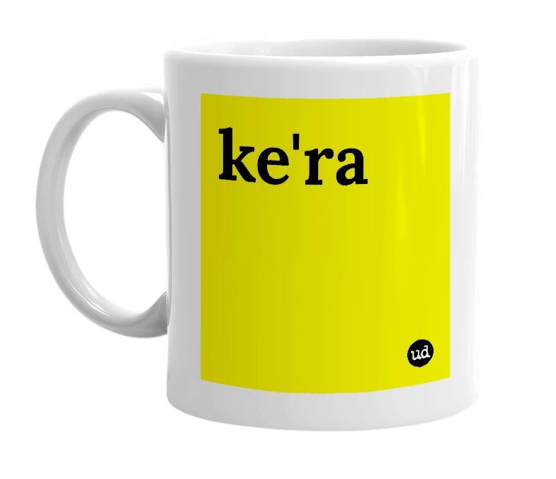 White mug with 'ke'ra' in bold black letters