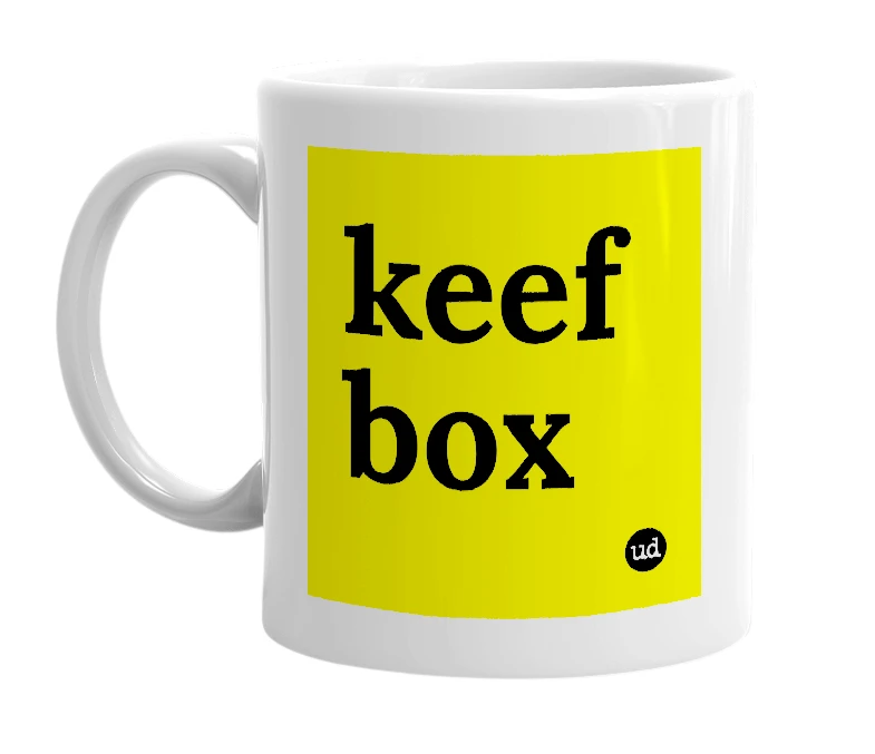 White mug with 'keef box' in bold black letters