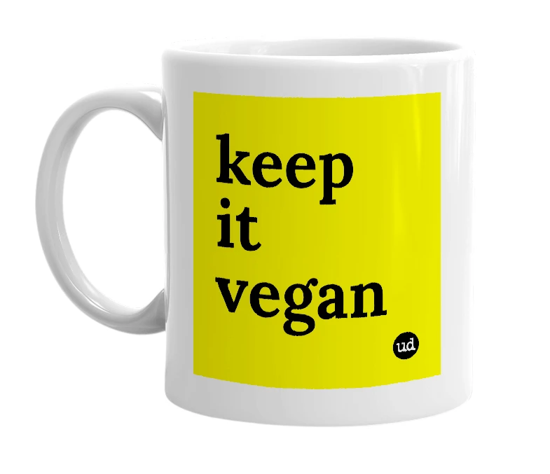 White mug with 'keep it vegan' in bold black letters