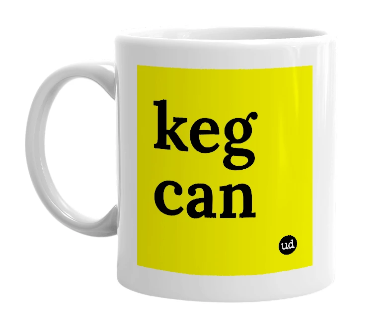 White mug with 'keg can' in bold black letters