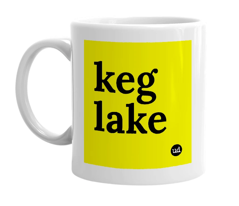 White mug with 'keg lake' in bold black letters
