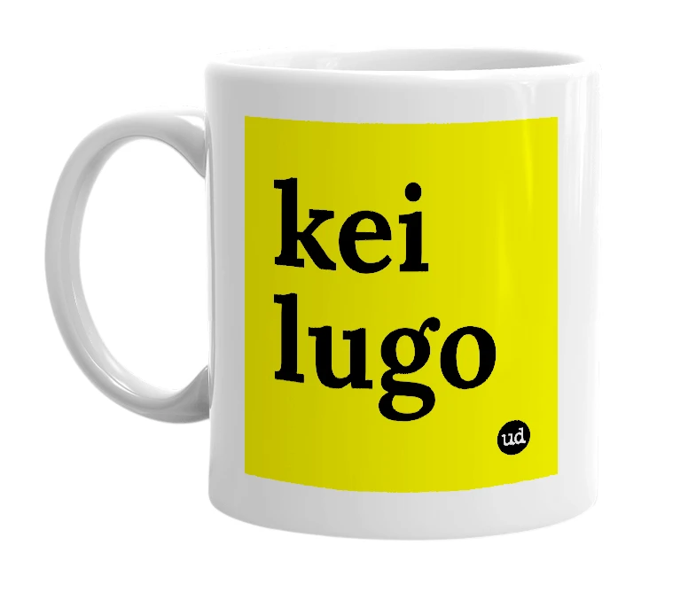 White mug with 'kei lugo' in bold black letters