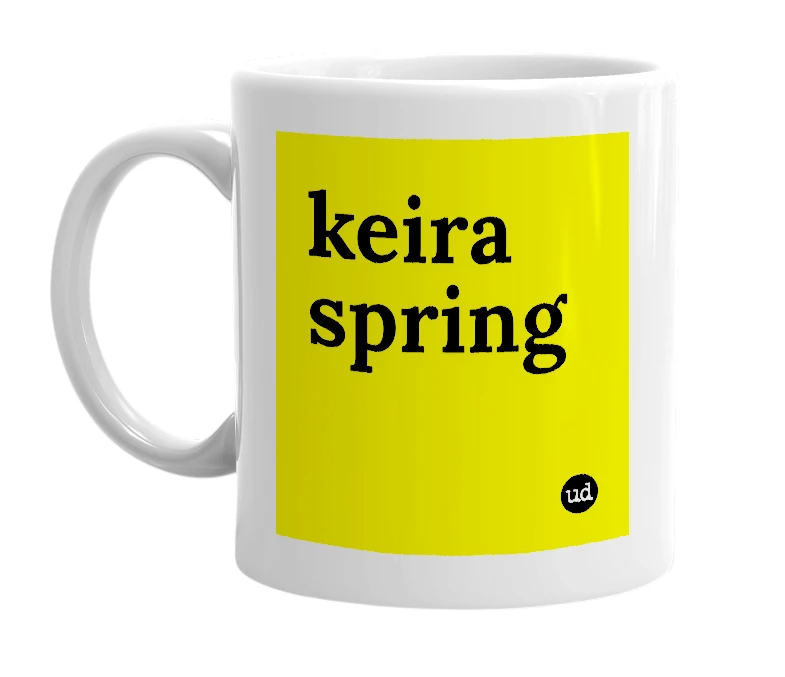White mug with 'keira spring' in bold black letters