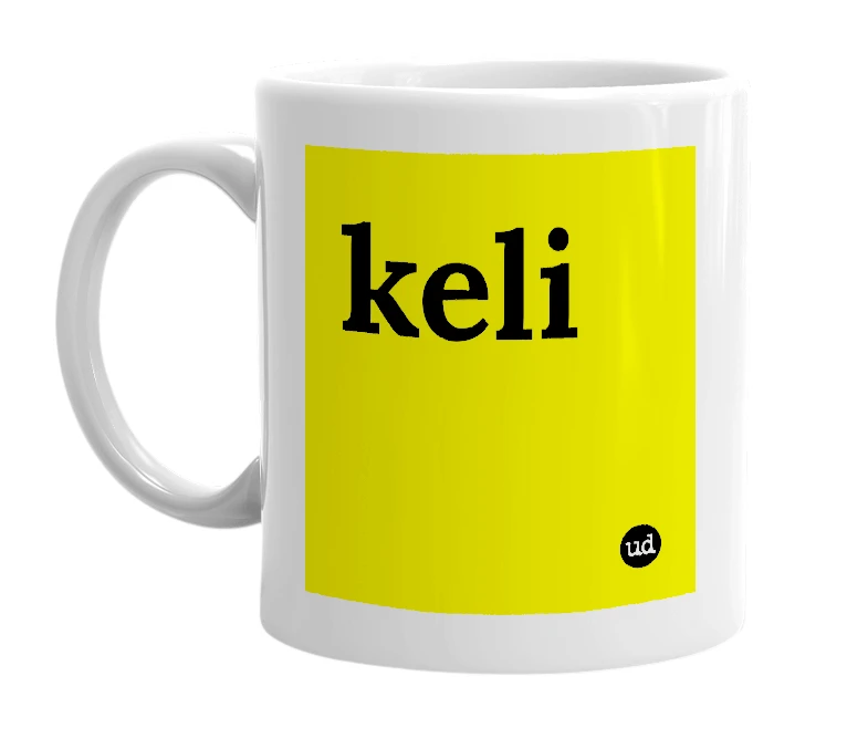 White mug with 'keli' in bold black letters