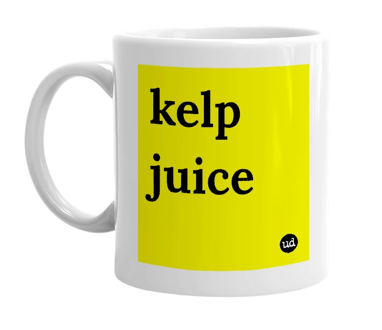 White mug with 'kelp juice' in bold black letters
