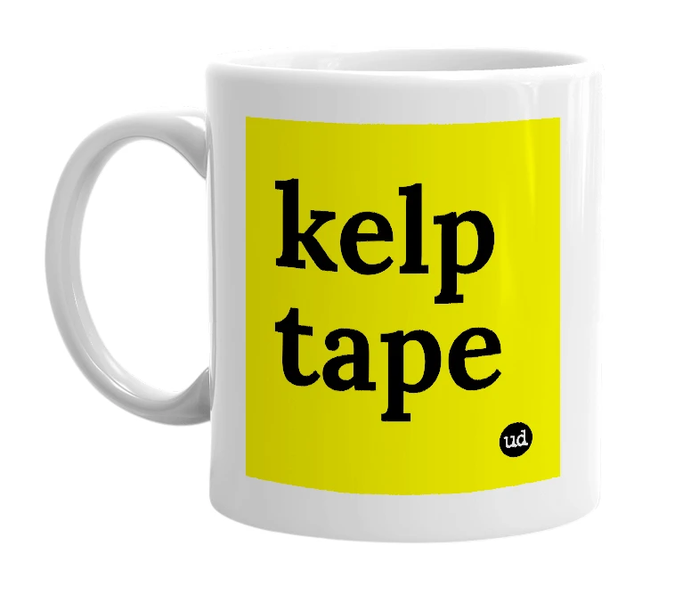 White mug with 'kelp tape' in bold black letters