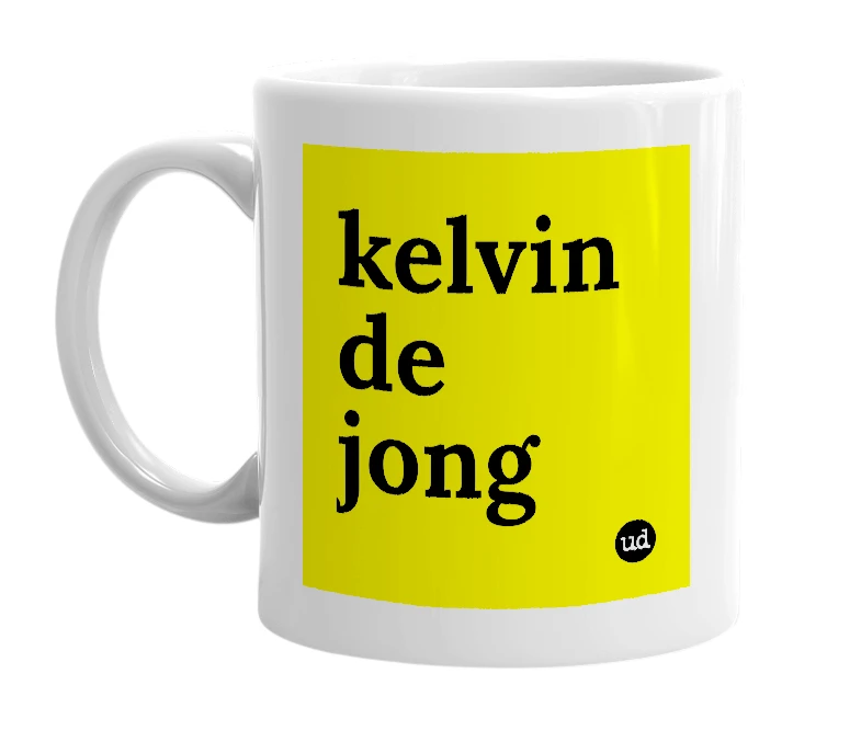 White mug with 'kelvin de jong' in bold black letters