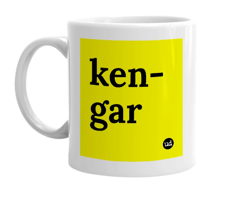 White mug with 'ken-gar' in bold black letters