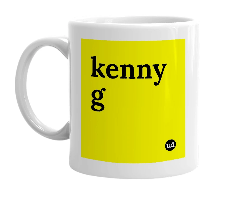 White mug with 'kenny g' in bold black letters
