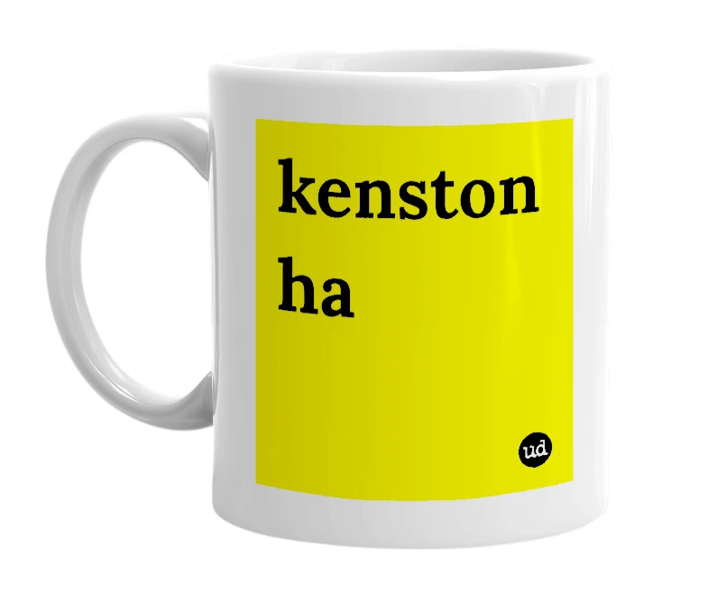 White mug with 'kenston ha' in bold black letters