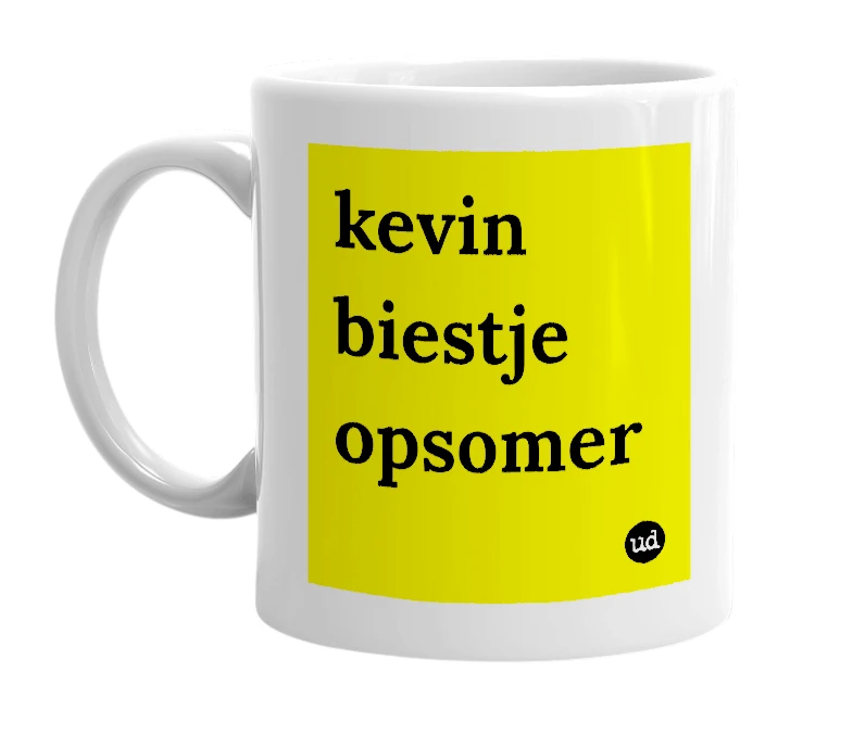 White mug with 'kevin biestje opsomer' in bold black letters