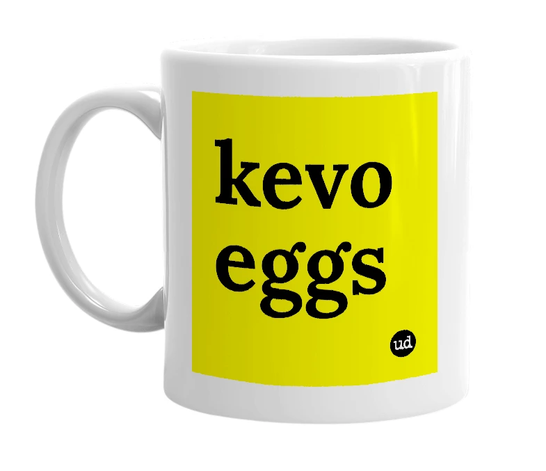 White mug with 'kevo eggs' in bold black letters