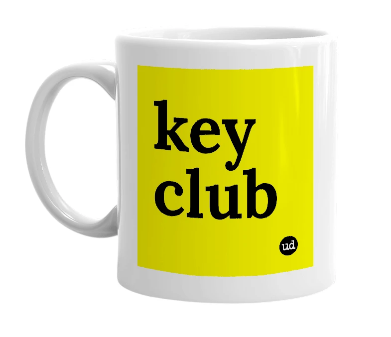 White mug with 'key club' in bold black letters