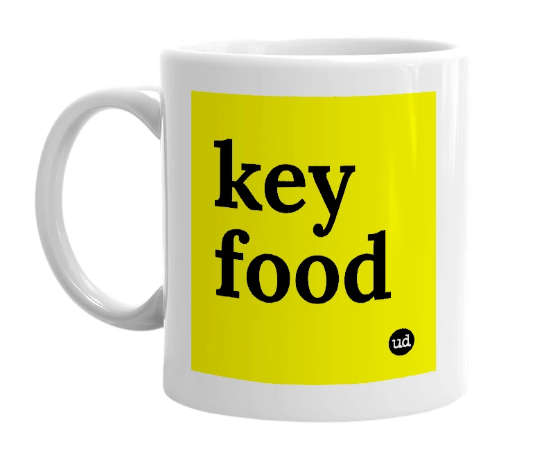 White mug with 'key food' in bold black letters