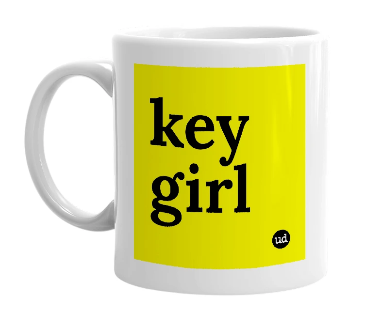 White mug with 'key girl' in bold black letters