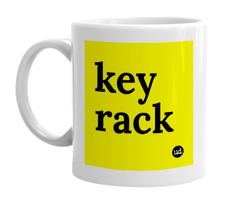 White mug with 'key rack' in bold black letters