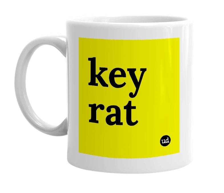 White mug with 'key rat' in bold black letters