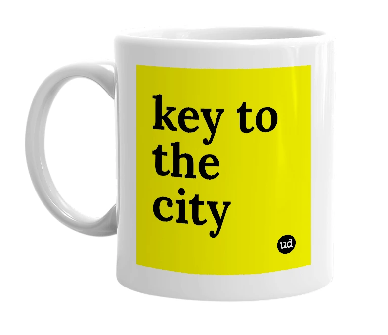 White mug with 'key to the city' in bold black letters