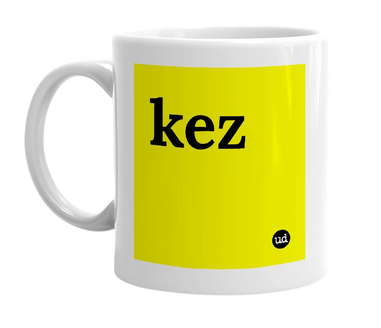 White mug with 'kez' in bold black letters