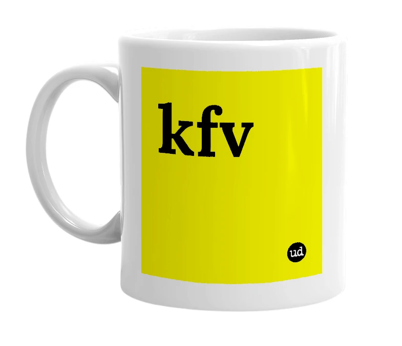 White mug with 'kfv' in bold black letters
