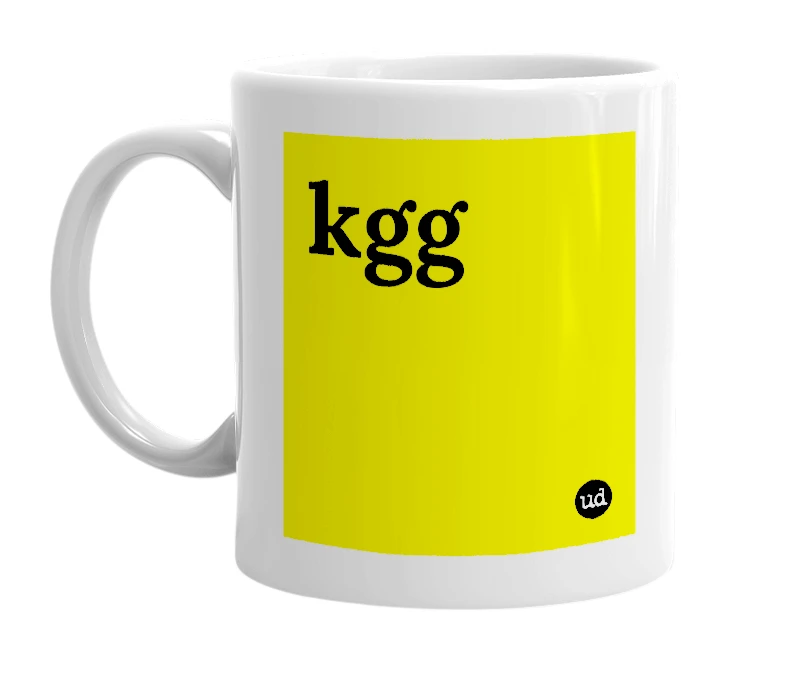 White mug with 'kgg' in bold black letters