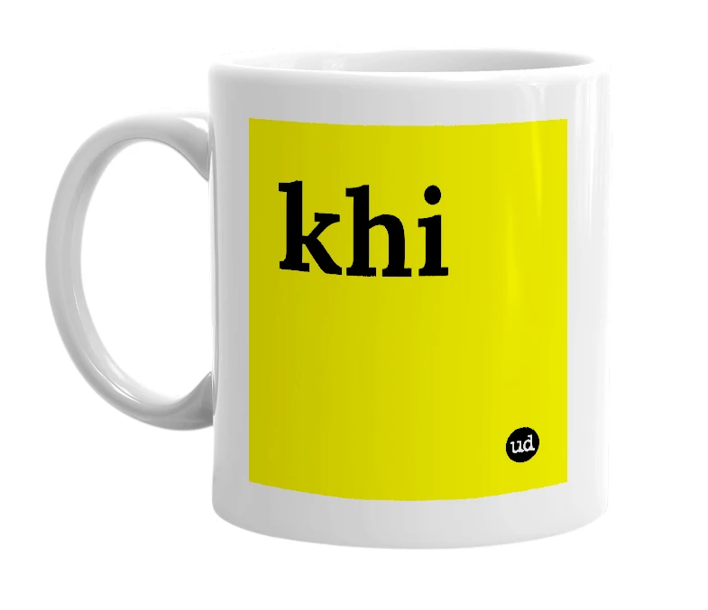 White mug with 'khi' in bold black letters