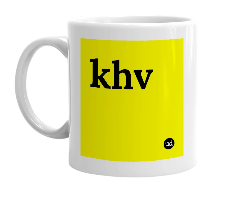 White mug with 'khv' in bold black letters