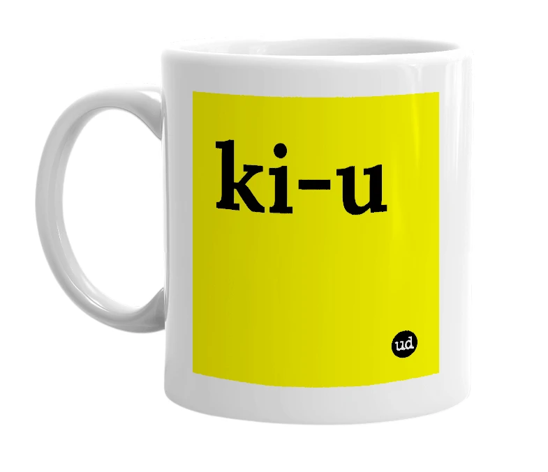 White mug with 'ki-u' in bold black letters