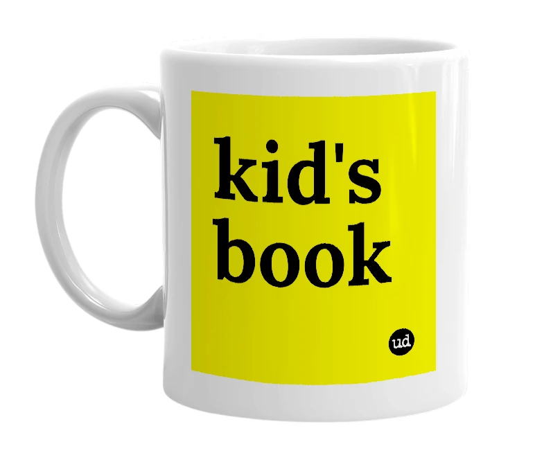 White mug with 'kid's book' in bold black letters