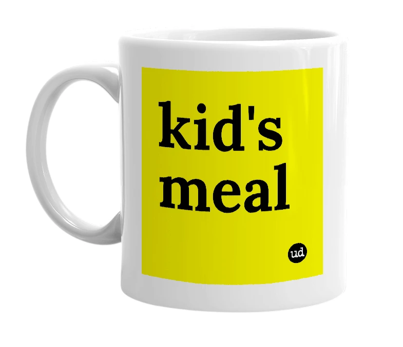 White mug with 'kid's meal' in bold black letters