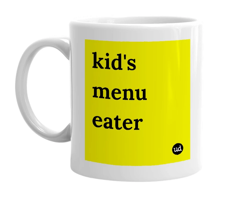 White mug with 'kid's menu eater' in bold black letters