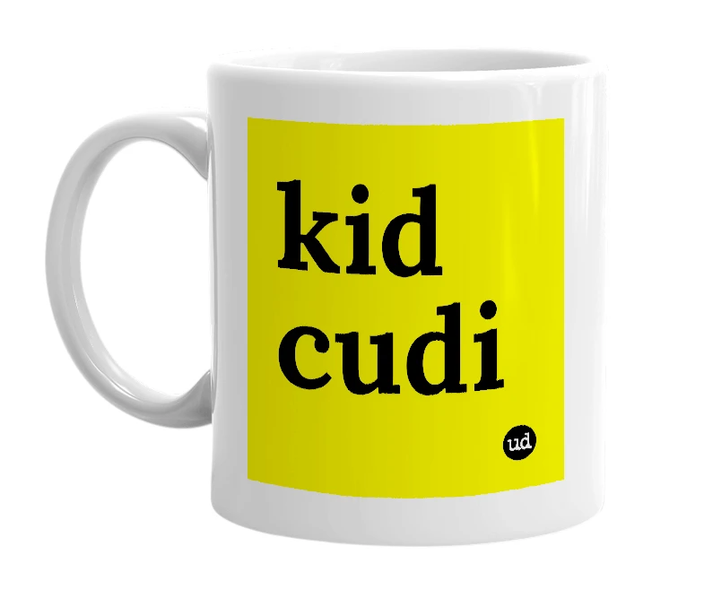 White mug with 'kid cudi' in bold black letters