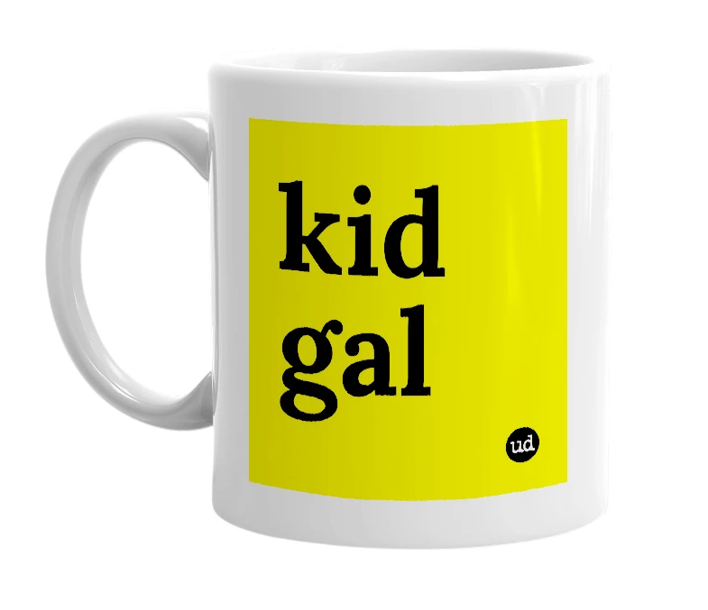 White mug with 'kid gal' in bold black letters